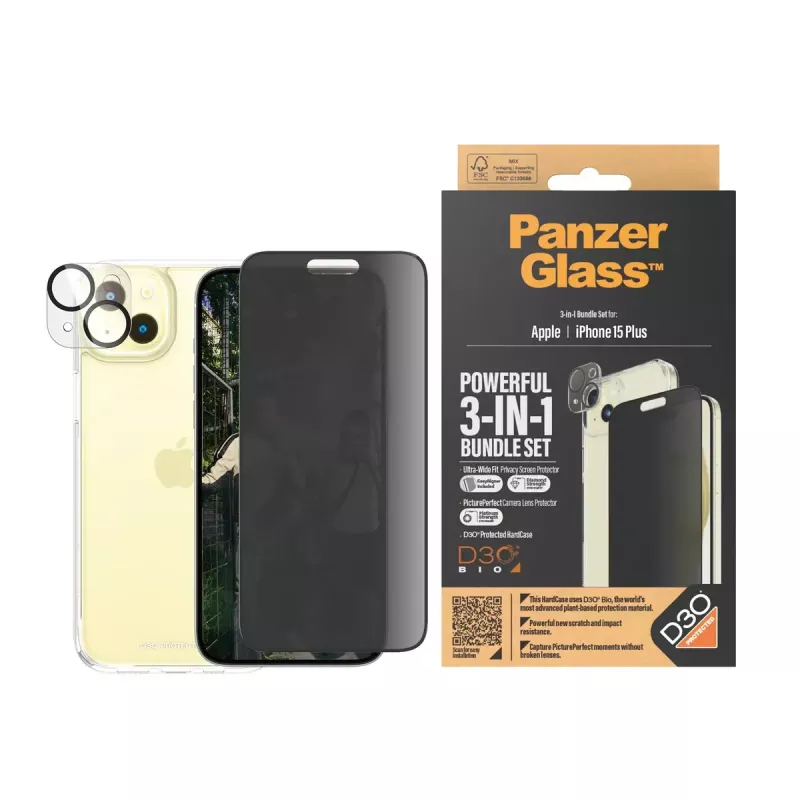 PanzerGlass Privacy 3-in-1 pack iPhone 15 Plus gehard glas
