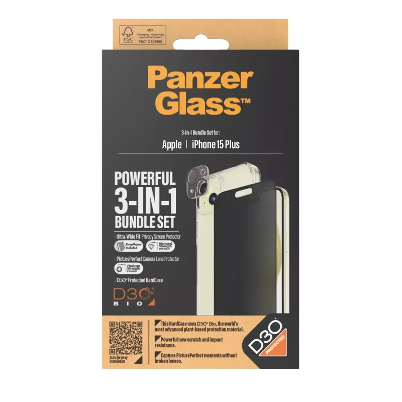 PanzerGlass Privacy 3-in-1 pack iPhone 15 Plus gehard glas