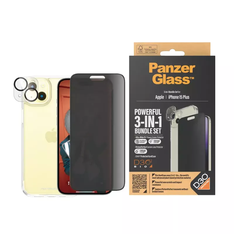 PanzerGlass Privacy 3-in-1 pack iPhone 15 Plus gehard glas