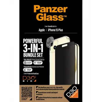 PanzerGlass 3-in-1 pack iPhone 15 Plus schokbestendig gehard glas