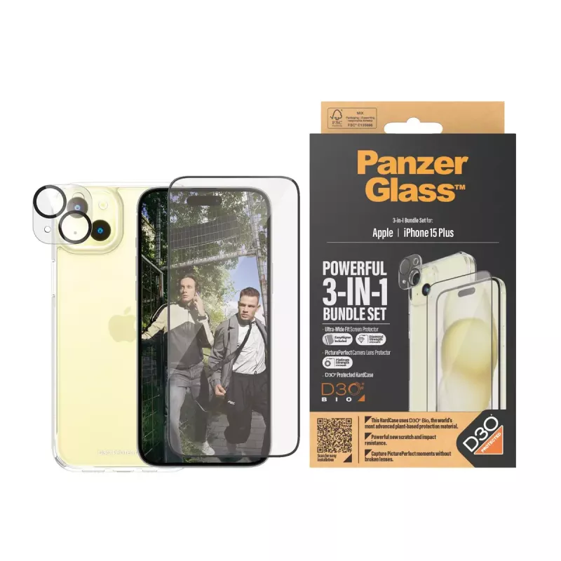 PanzerGlass 3-in-1 pack iPhone 15 Plus schokbestendig gehard glas