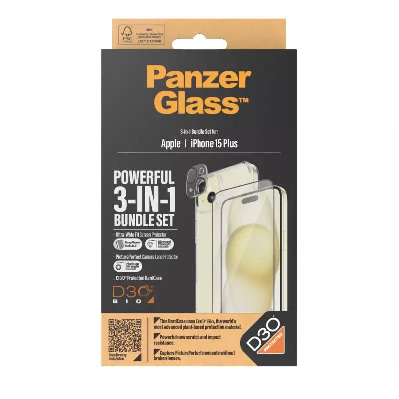 PanzerGlass 3-in-1 pack iPhone 15 Plus schokbestendig gehard glas