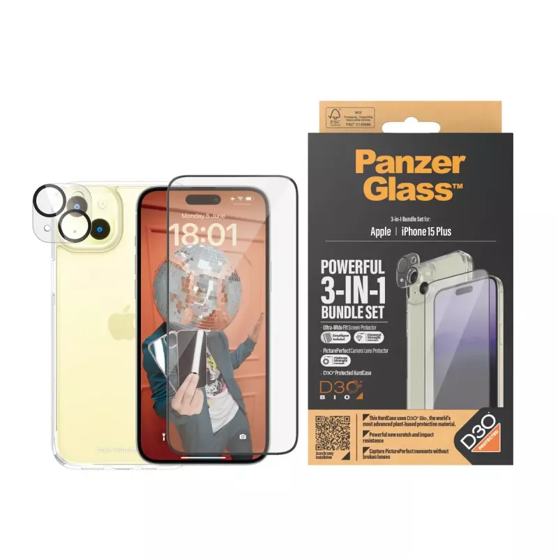PanzerGlass 3-in-1 pack iPhone 15 Plus schokbestendig gehard glas