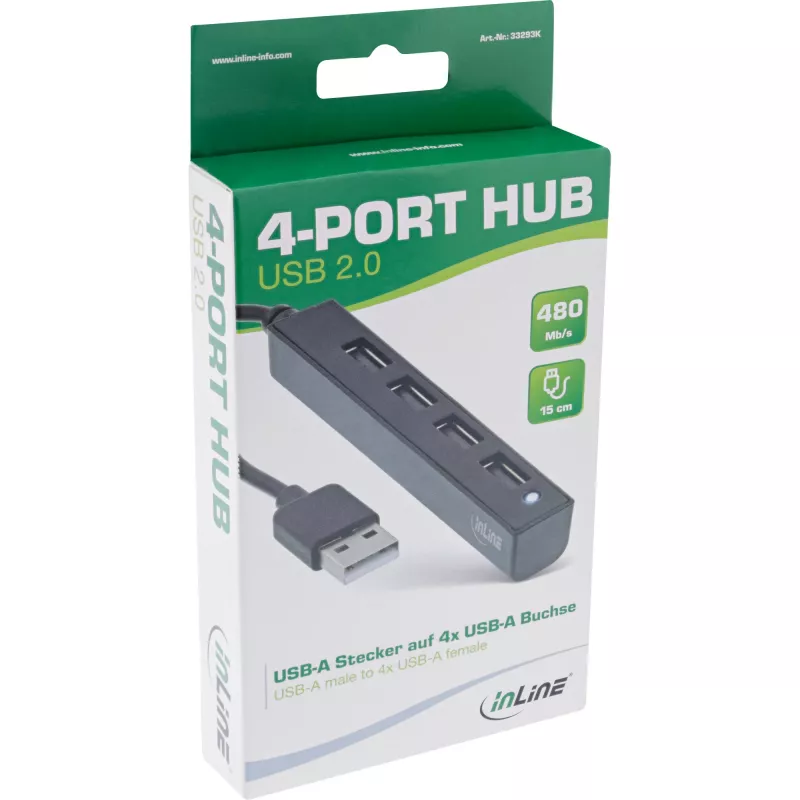 InLine USB 2.0 4-poorts hub, USB-A stekker naar 4x USB-A bus, kabel 15cm