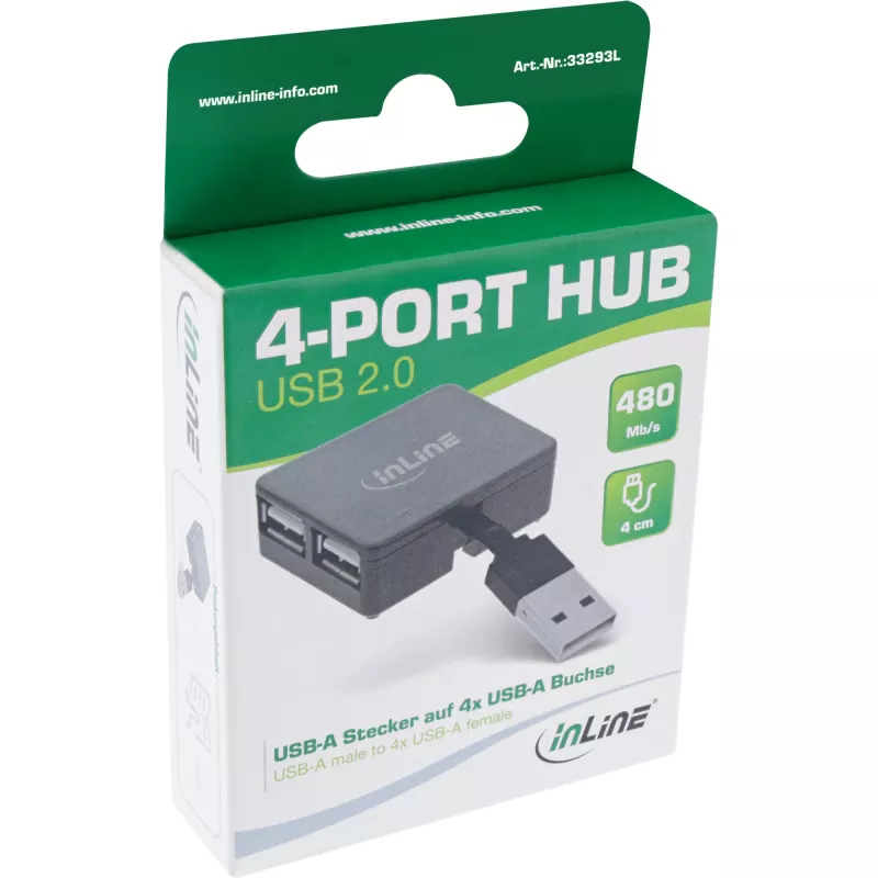 InLine USB 2.0 4-poorts hub, USB-A stekker naar 4x USB-A bus, kabel 4cm