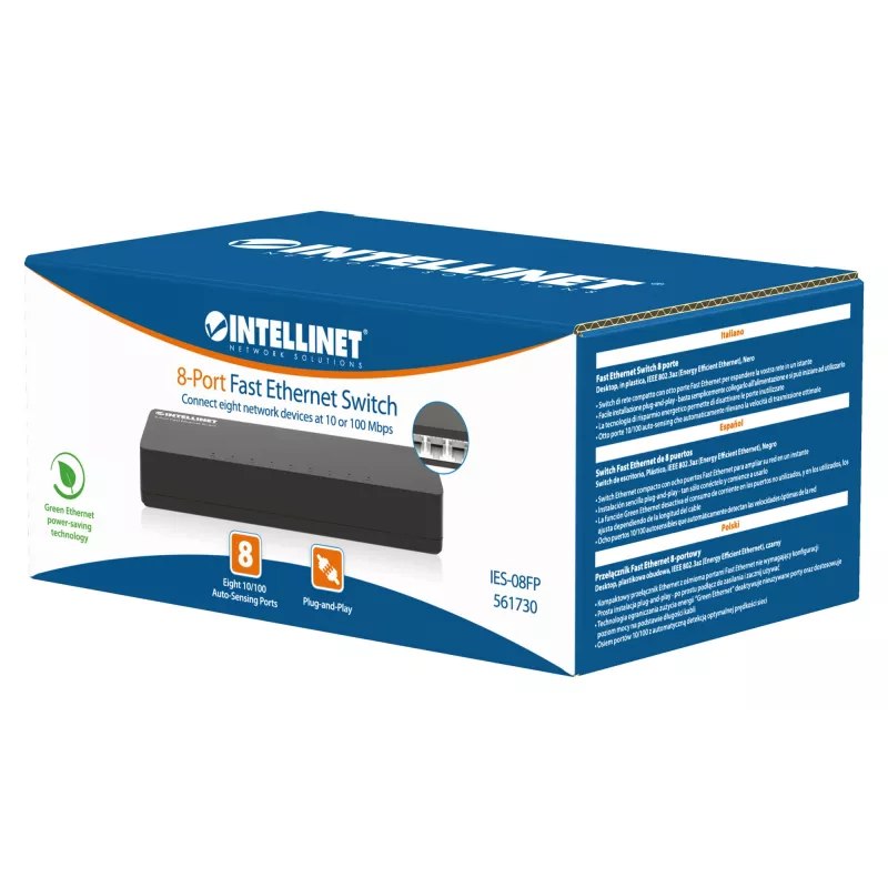 Intellinet 8-poorts Fast Ethernet-switch desktopformaat, kunststof, IEEE 802.3az (Energy Efficient Ethernet), zwart