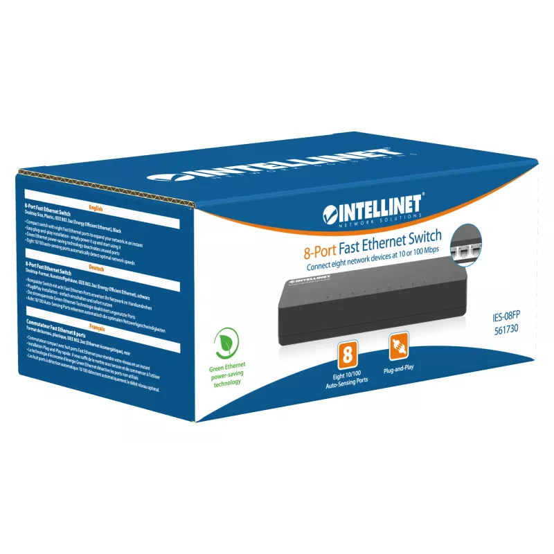 Intellinet 8-poorts Fast Ethernet-switch desktopformaat, kunststof, IEEE 802.3az (Energy Efficient Ethernet), zwart