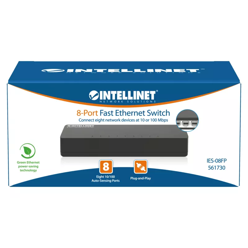 Intellinet 8-poorts Fast Ethernet-switch desktopformaat, kunststof, IEEE 802.3az (Energy Efficient Ethernet), zwart