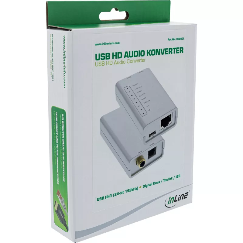 USB HD Audio-adapter InLine 33053I 24 Bit 192kHz digitaal Coax/Toslink/I2S-converter