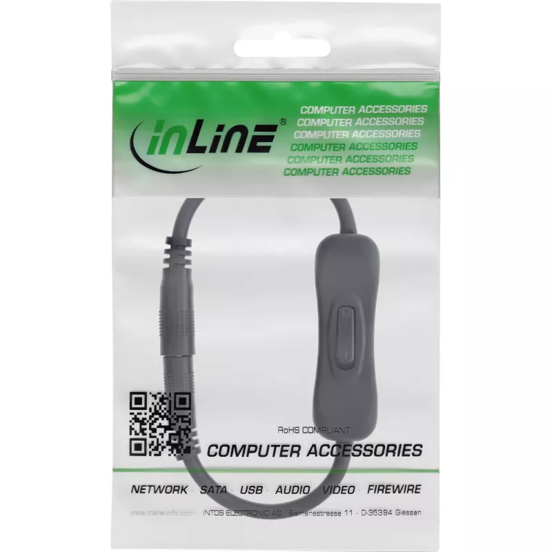 InLine DC-kabel met schakelaar, DC-stekker/bus 5,5x2,1mm, AWG 18, zwart, 0,20m