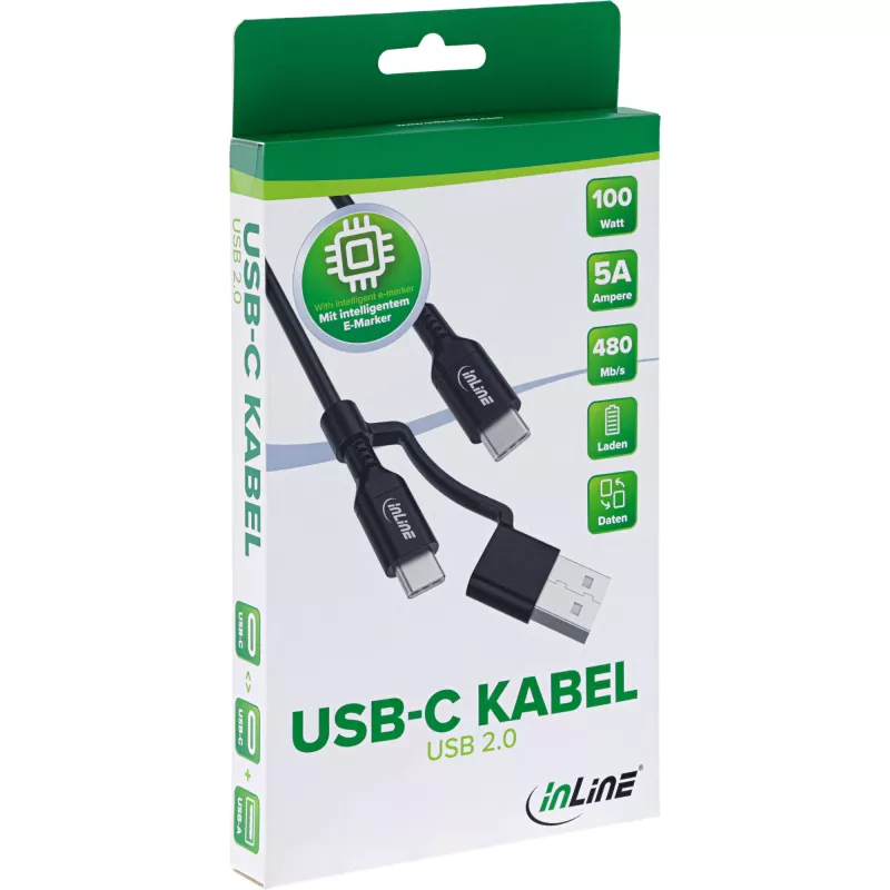 InLine 2-in-1 USB-C-kabel + USB-A-adapter, USB 2.0, 100W, TPE, zwart, 2 m