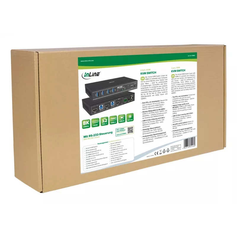 InLine 57885C KVM-switch, 2-poorts, HDMI, 8K@60Hz, USB 3.2, met IR en RS-232