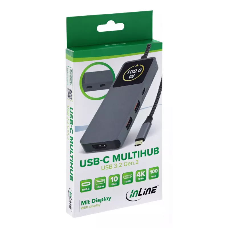 USB-C-interfacehub InLine 35392D USB 3.2 Gen 2 Type-C host naar HDMI, USB-A, USB-C 10000 Mbit/s grijs
