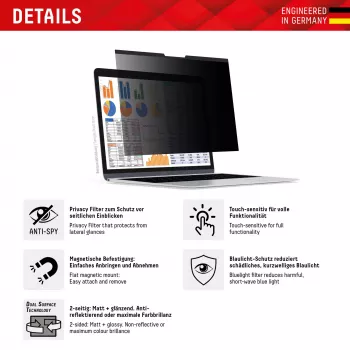 Privacysfilter Displex PRIVACY SAFE magnetisch 2-weg voor laptop/notebook 13,3 inch (16:10), frameloos, glanzend/mat, 5H