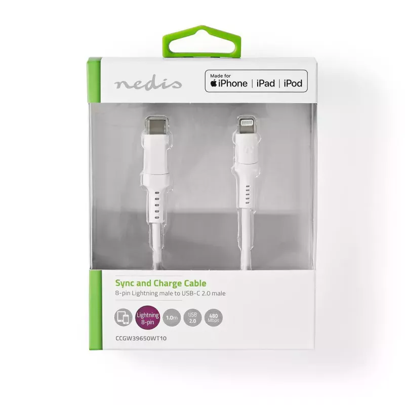 Lightning-kabel Nedis CCGW39650WT10 1m wit USB C