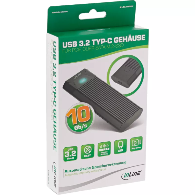 InLine USB3.2 Gen.2 USB-C naar M.2 SSD (PCIe NVMe & SATA) behuizing