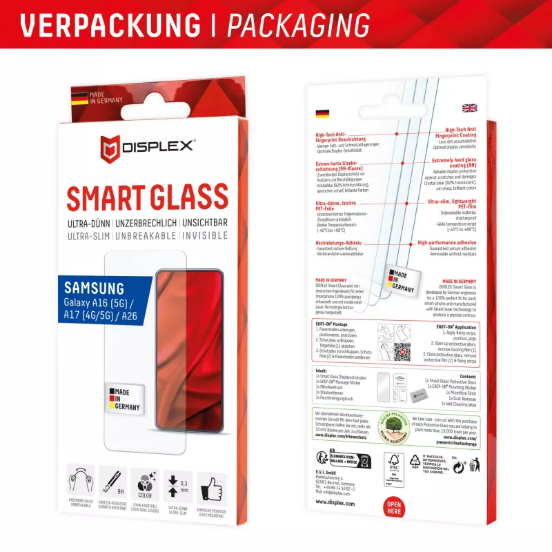 Displex Smart Glass (9H) voor Samsung Galaxy A26/A16 (5G)/A17 (4G/5G), montagestickers, onbreekbaar