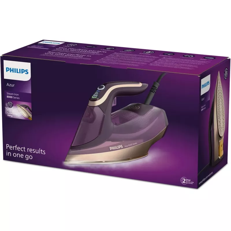 Philips DST8040/30 Azur 8000 Series stoomstrijkijzer, 3000 W, 0,35 L reservoir, SteamGlide Elite zoolplaat, verticale stoom, 80 g/min, 260 g/min stoomstoot, donkerpaars