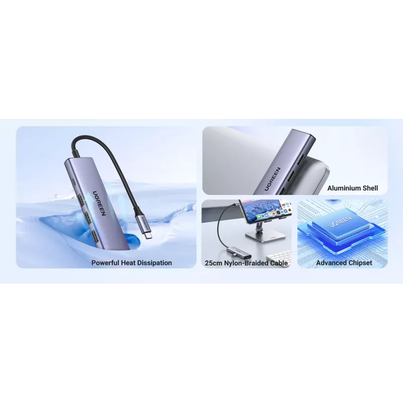 USB Type-C hub UGREEN 20956A met HDMI en USB 3.0, 5 Gbit/s, 4K 3840x2160, zilver