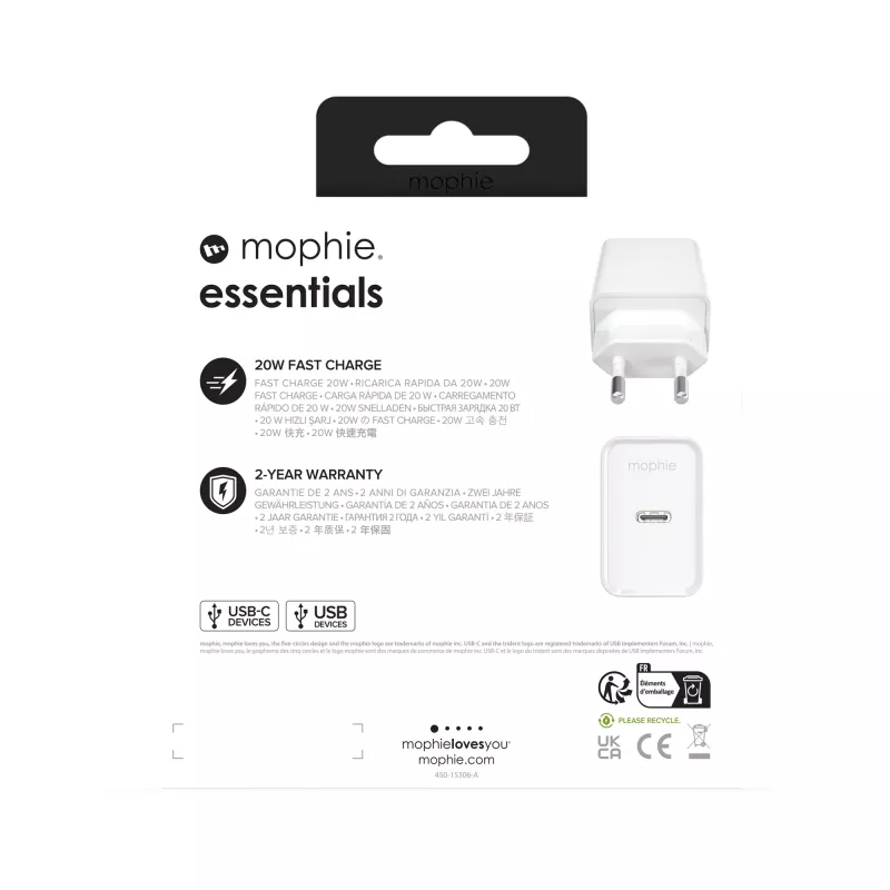 mophie essentials 20W USB-C PD-voeding universeel wit AC-snelladen binnen