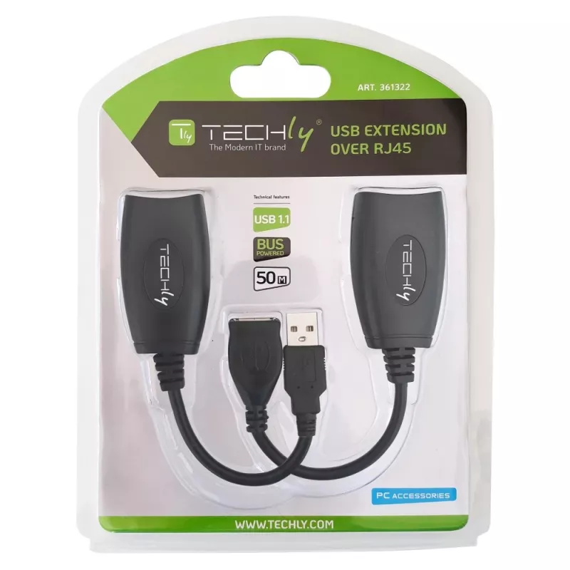 Techly IUSB-EXTENDTY5 USB-extender via Cat.5e/6-kabel tot 50 m, USB naar RJ-45, zwart