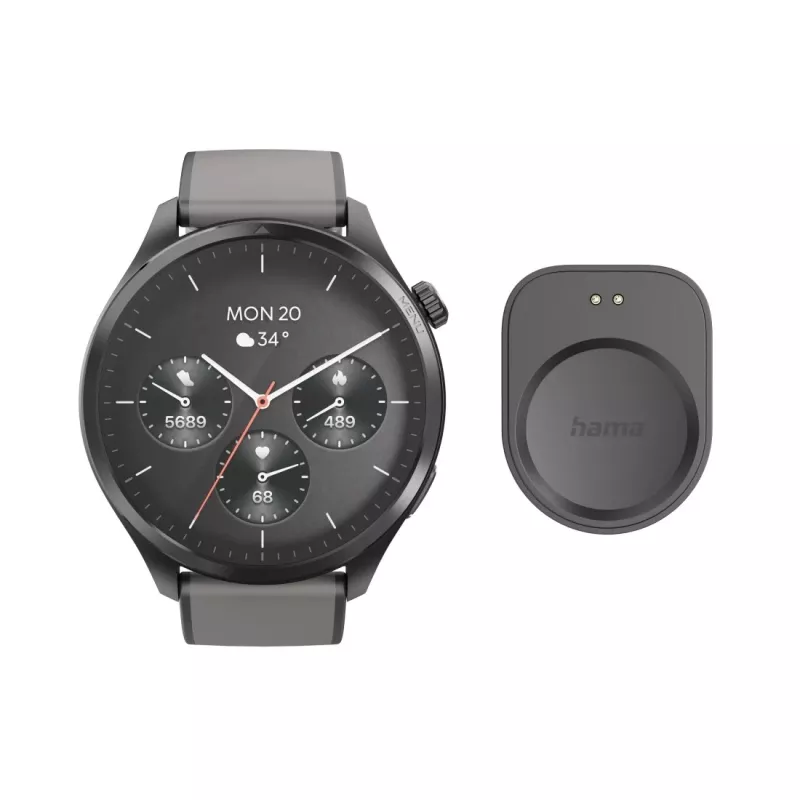 Hama Smartwatch 9000 00178627, 1,43 inch (3,63 cm) AMOLED, GPS, muziekopslag, waterdicht, siliconen band, antraciet