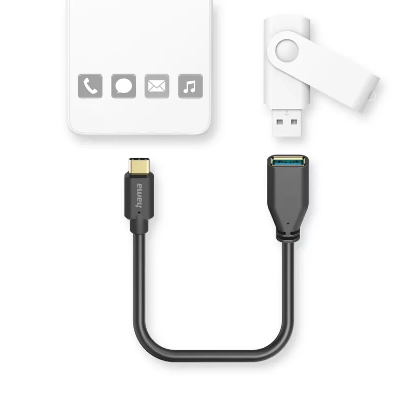 Hama 00201605 OTG USB-adapterkabel, USB-C-stekker naar USB-A-bus, USB 3.2, 5 Gbit/s, 0,15 m, zwart