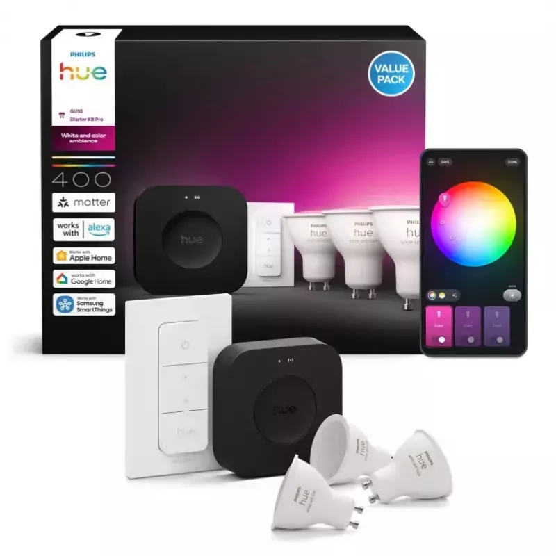 Philips Hue White and Colour Ambience Starterset: 3 GU10-lampen + dimschakelaar + Bridge Pro
