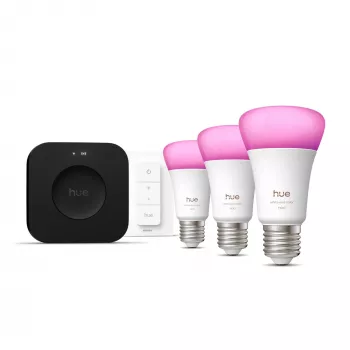 Smartlichtset Philips Hue White and Colour Ambience Starterset — 3 E27-smartlampen, dimschakelaar, Bridge Pro, Bluetooth/Zigbee