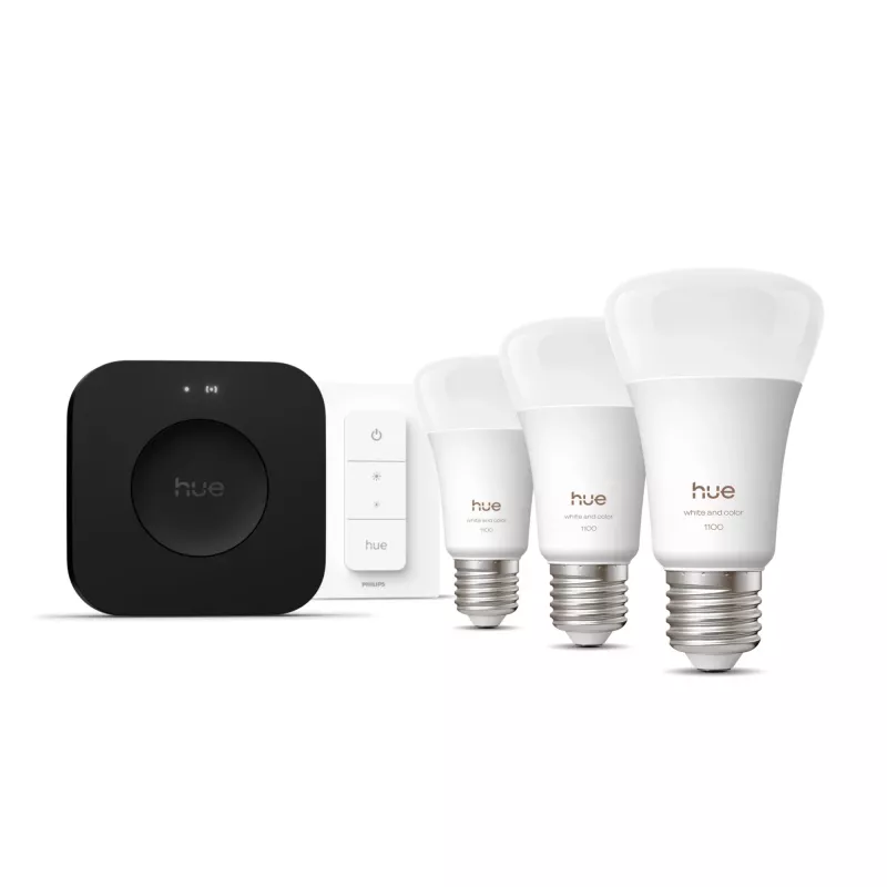 Smartlichtset Philips Hue White and Colour Ambience Starterset — 3 E27-smartlampen, dimschakelaar, Bridge Pro, Bluetooth/Zigbee