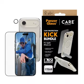 Beschermingsbundel PanzerGlass CARE 3-in-1 Feature Kick voor iPhone Air — gehard glas, PET, silicone, transparant