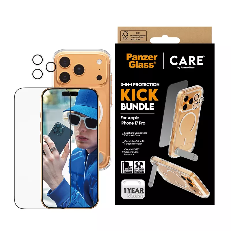Beschermhoes PanzerGlass CARE Feature Kick 3w1 voor iPhone 17 Pro met glazen camera-afdekking