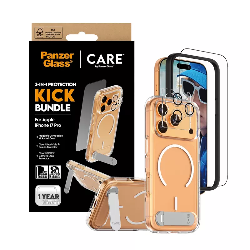 Beschermhoes PanzerGlass CARE Feature Kick 3w1 voor iPhone 17 Pro met glazen camera-afdekking