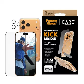 Schermbescherming- en hoesbundel PanzerGlass CARE 3-in-1 Feature Kick voor iPhone 17 Pro Max — gehard glas, PET, silicone, transparant