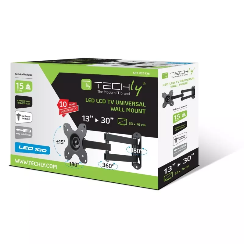 Techly wandsteun voor LCD LED 33-76,2 cm (13-30 inch) kantelbaar 2 gewrichten zwart ICA-LCD 923B