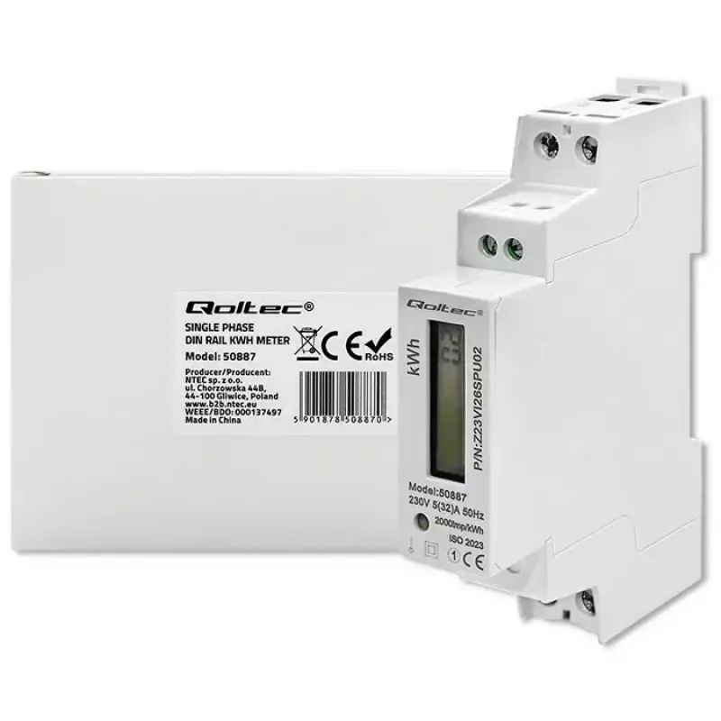 Eenfasige elektriciteitsmeter QOLTEC 50887 1-fasig 230V LCD slank