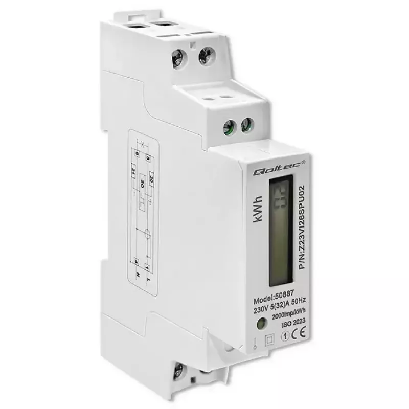 Eenfasige elektriciteitsmeter QOLTEC 50887 1-fasig 230V LCD slank