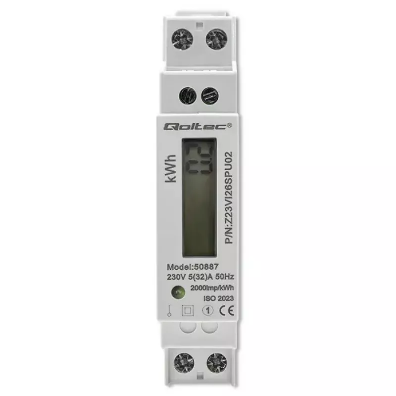 Eenfasige elektriciteitsmeter QOLTEC 50887 1-fasig 230V LCD slank