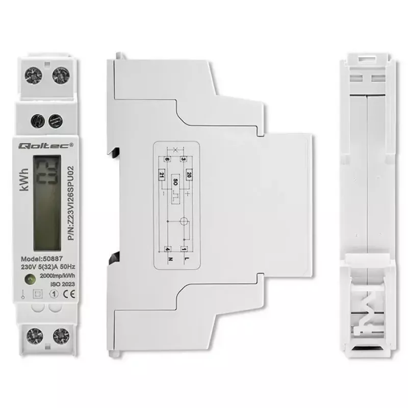 Eenfasige elektriciteitsmeter QOLTEC 50887 1-fasig 230V LCD slank