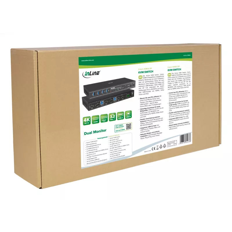InLine 57885G KVM-switch, 2-weg, HDMI & DP, dual monitor, 4K60Hz, USB-hub, zwart