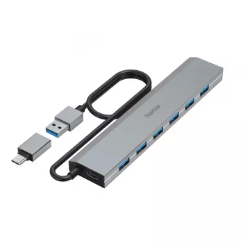 Hama 00200137 USB-hub, 7 poorten, USB 3.2 Gen 1, 5 Gbit/s, incl. USB-C-adapter en voeding, aluminium behuizing