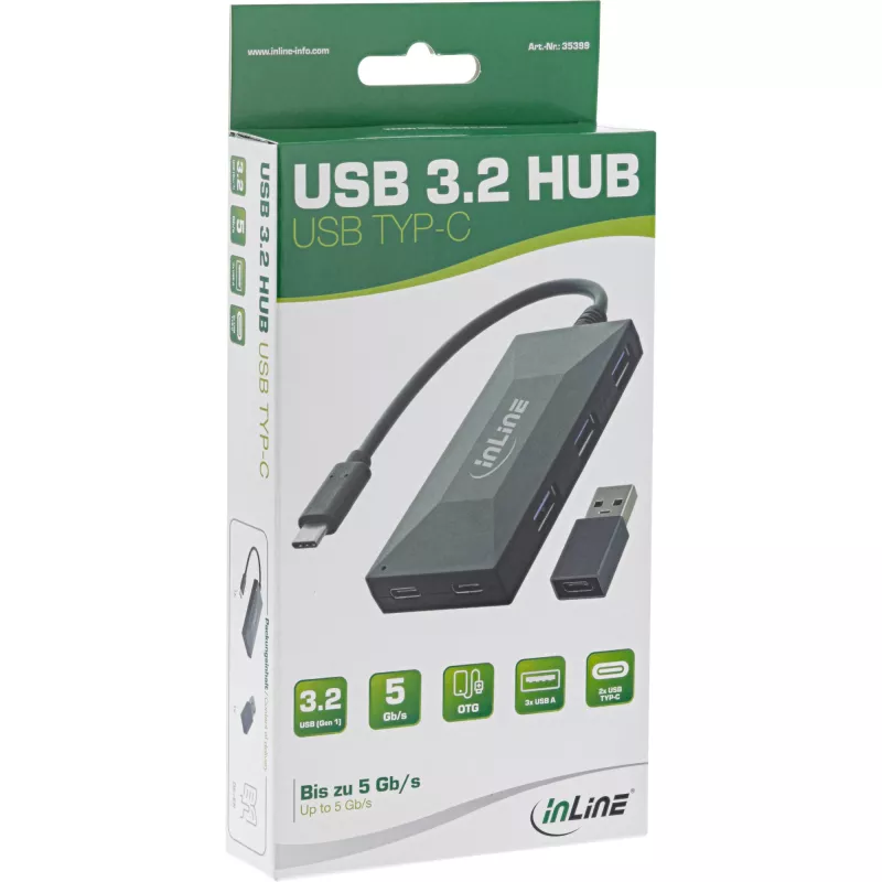 InLine USB 3.2 Gen.1 hub, USB-C naar 2 poorten USB-C en 3 poorten USB-A, zonder voeding