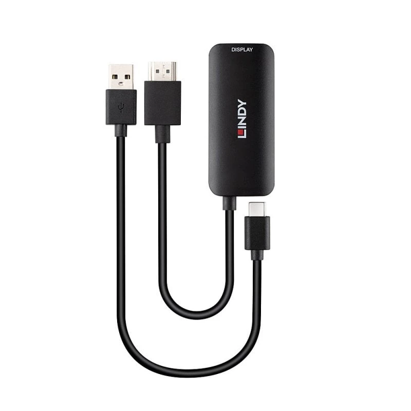 HDMI-naar-USB Type-C-converter Lindy 43423 met USB-stroomingang, 0,2 m kabel, HDMI + USB-C-aansluitingen