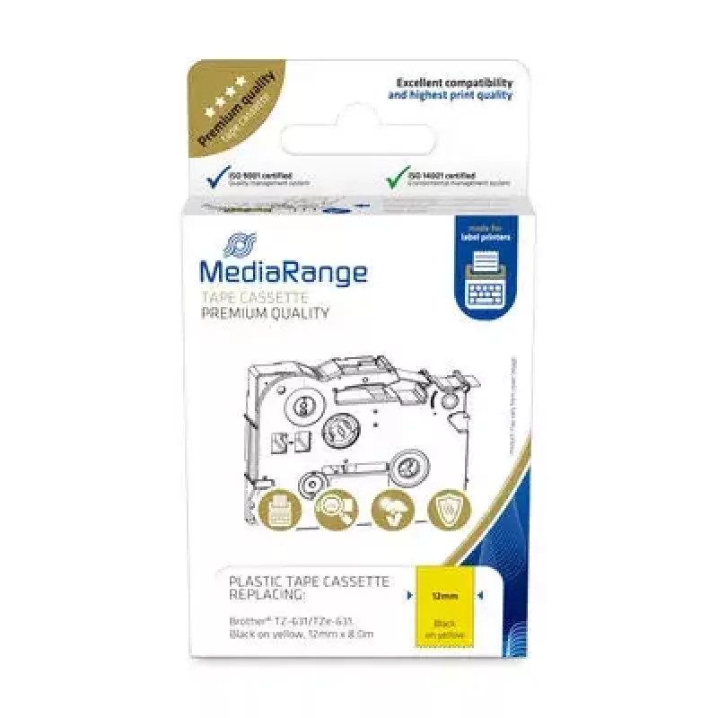 Plastic lintcassette MediaRange TZ-631 12 mm zwart op geel