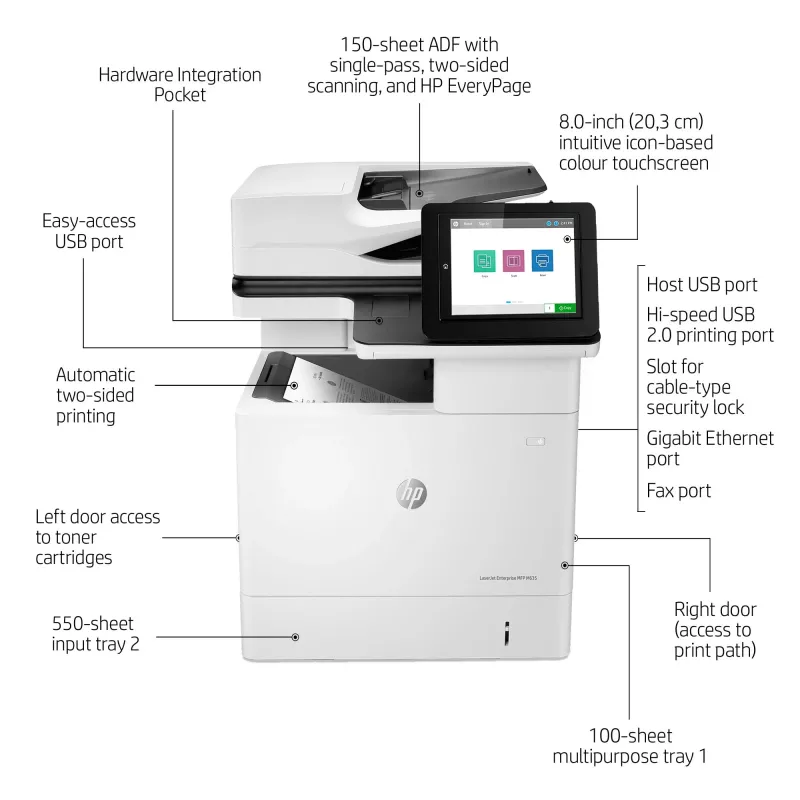 HP LaserJet Enterprise MFP M635h, laser, monodruk, 1200 x 1200 dpi, monokopie, A4, zwart, wit