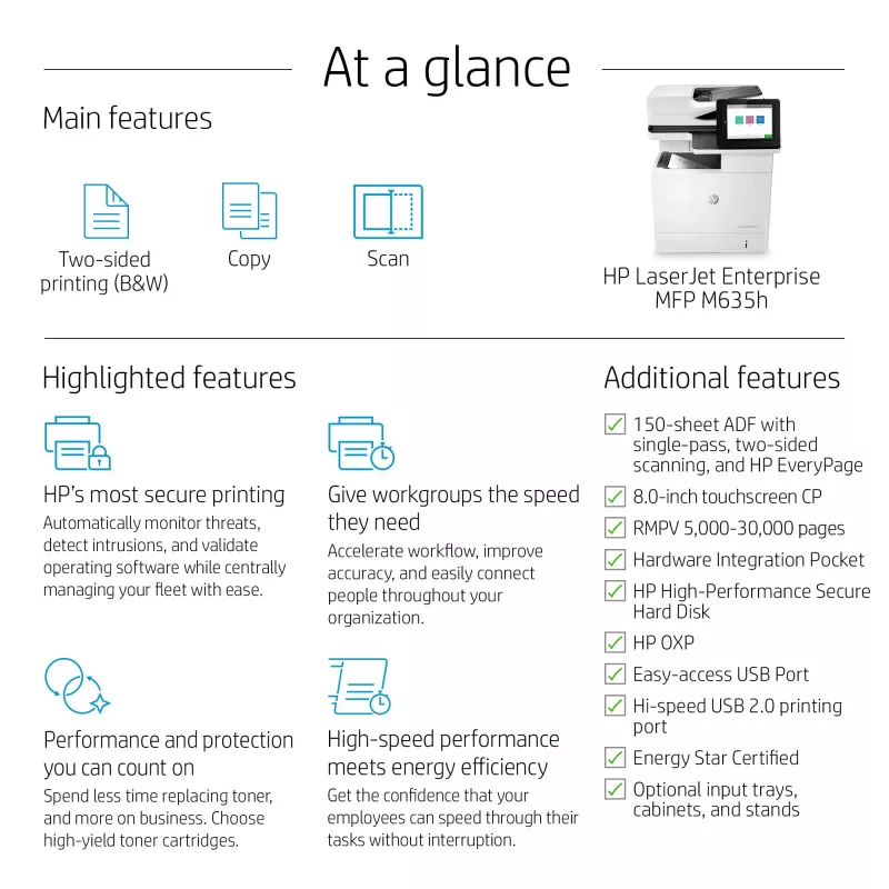 HP LaserJet Enterprise MFP M635h, laser, monodruk, 1200 x 1200 dpi, monokopie, A4, zwart, wit