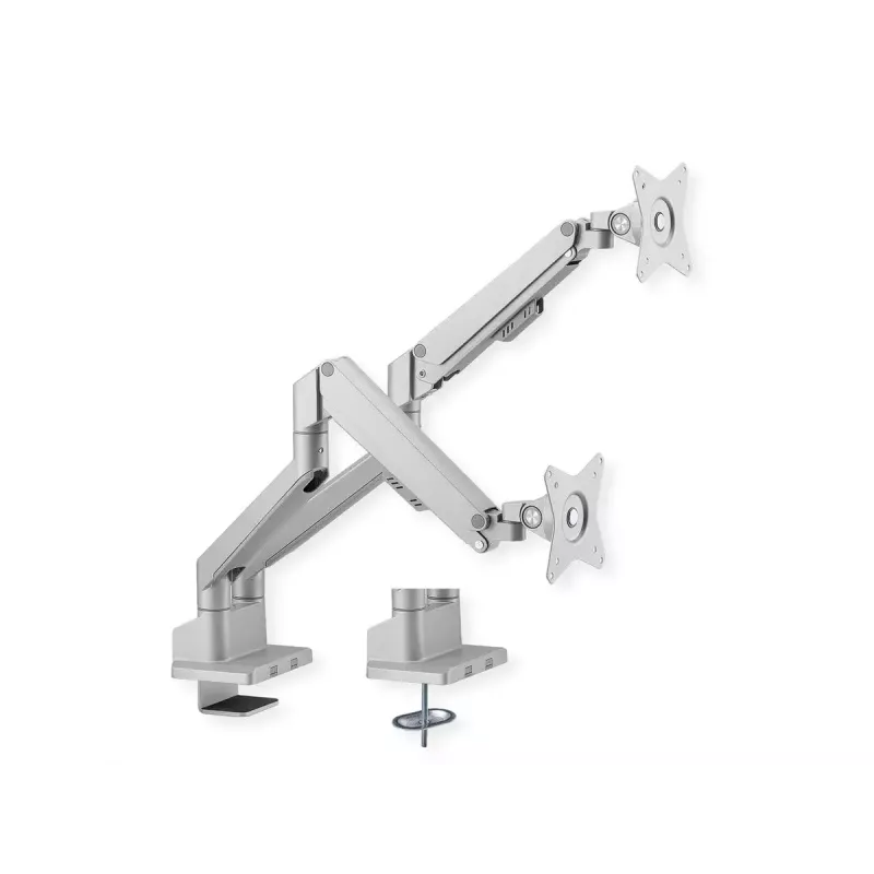ROLINE 17.03.1158 dubbele monitorarm, tafelklem, gasveer, 5 scharnierpunten, 17–32 inch, tot 2x 9 kg, zilver
