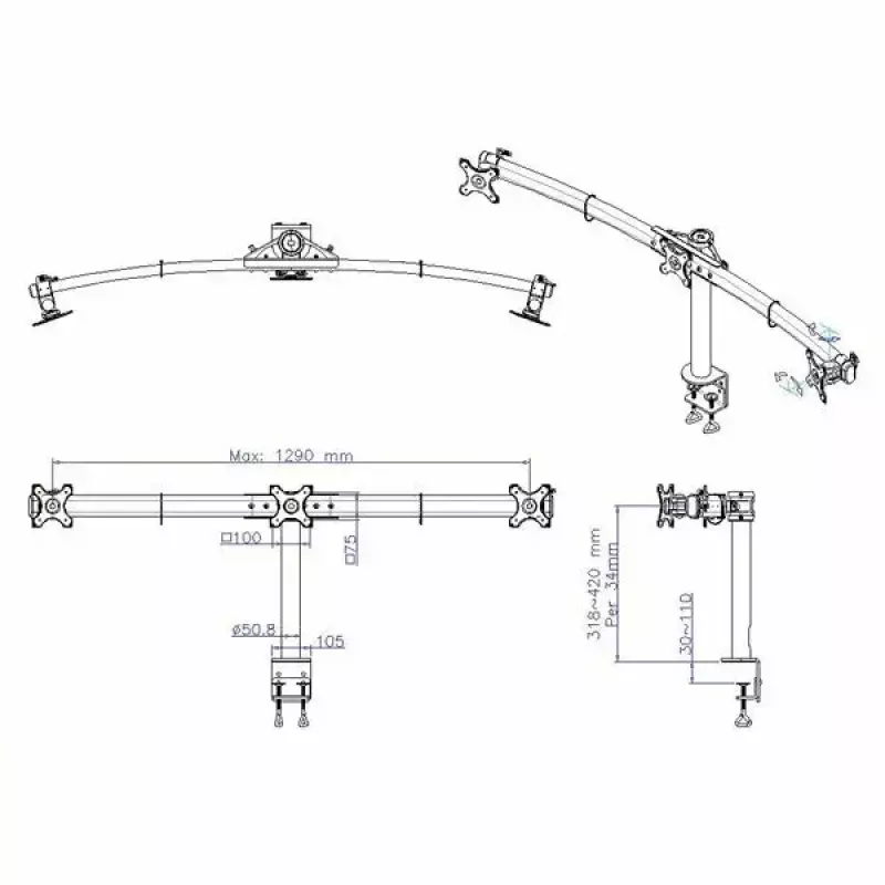 VALUE Triple LCD-arm tafelklem zwart — 3-scherm-monitorbeugel, verstelbaar