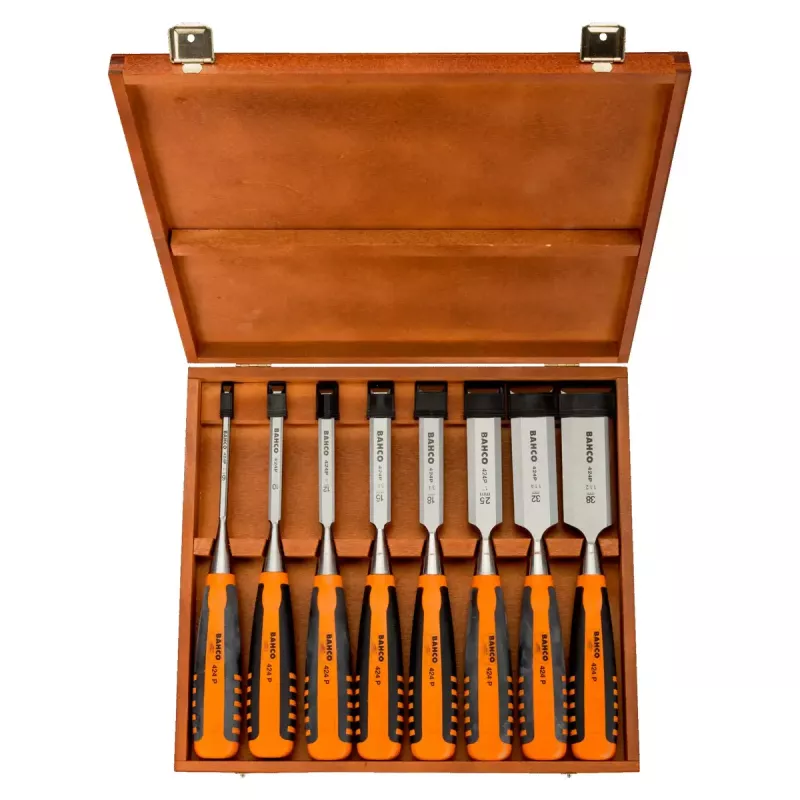 Bahco 424P-S8-EUR Beitelset, 8 stuks, 6-36 mm, in houten kist