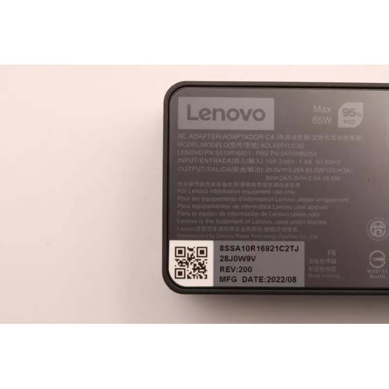Voeding 65W USB Type-C Lenovo 5A10W86254 — 65W USB-C voeding voor laptops en compatibele apparaten